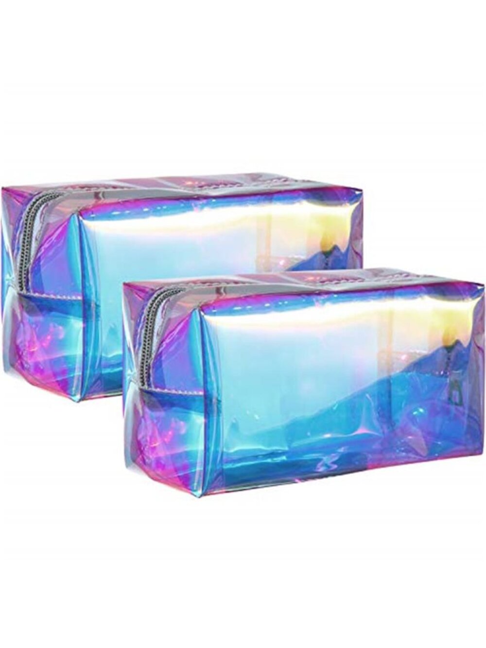 2 Pcs Clear Iridescent Holographic Makeup Bags Zipper Plain Transparent